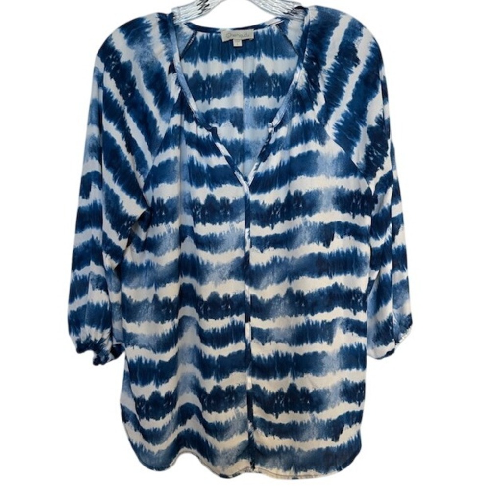 Chenault Women's Blue & White Tie Dye 3/4 Sleeve‎ V-Neck Blouse Size LG